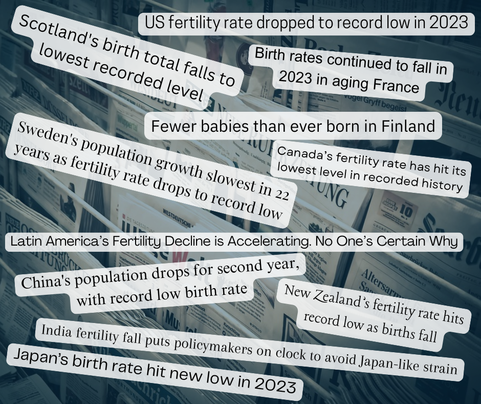 Recent headlines from 2024 newspapers demonstrating how birth rates have been falling around the world